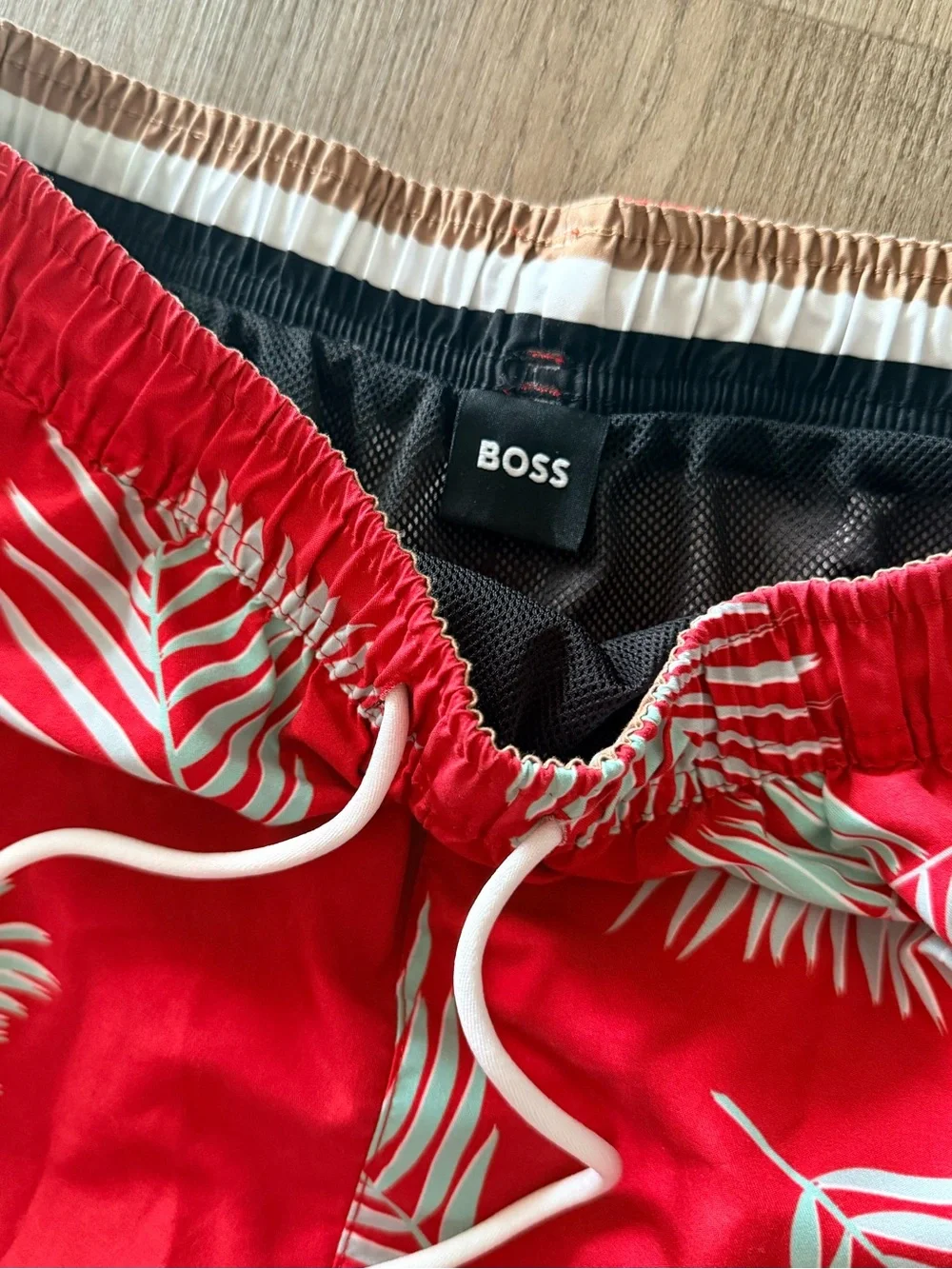 BOSS Red Swim Shorts with White Palm Print